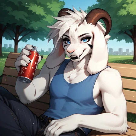 score_9, score_8_up, score_7_up, score_6_up, score_5_up, score_4_up, source_furry
anthro, solo, blue tanktop, PyroAz, goat, white fur, blue eyes, facial markings, eyeliner, white punk alt hair, black lipstick, brown horns, long floppy ears, outdoors, detailed background, park, sitting, smiling, black jeans, holding soda bottle,
 <lora:[oc] Pyro-000017:1>