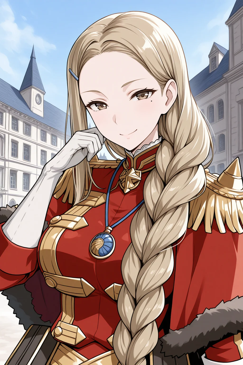 masterpiece, best quality, 1girl, solo, <lora:vcaudrey-illu-nvwls-v1-000006:1> vcaudrey, light blonde hair, single braid, hair over shoulder, very long hair, brown eyes, mole under eye, large breasts, hairclip, red capelet, fur-trimmed capelet, epaulettes, red uniform, red jacket, gold trim, white gloves, upper body, victorian architecture, blue sky, smile, looking at viewer, outdoors