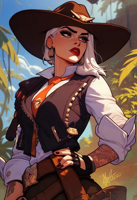 score_9, score_8_up, score_8, score_7_up, score_7, score_6_up, score_6, score_5_up, asheow, makeup, lipstick, tattoo , hat, necktie, cowboy hat, white shirt, jewelry, earrings, black vest, fingerless gloves, black pants, belt, boots, vox machine style, 1girl, female focus, solo, close up portrait , fantasy, jungle ruins background, (dynamic lighting:1.1) ((masterpiece))