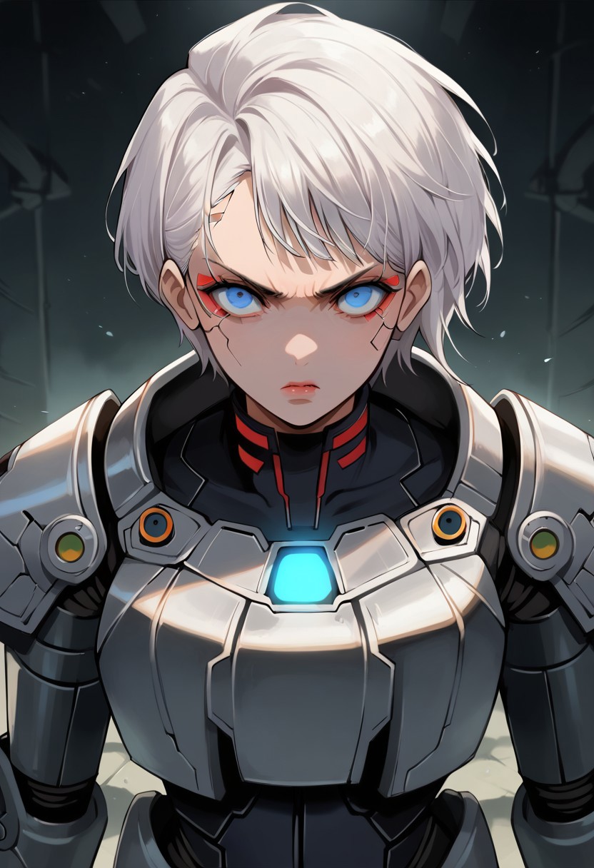 score_9, score_8_up, score_7_up, 1girl, solo, white hair, short hair, blue eyes, battle, armor, plate armor, glowing, high contrast, intense, determined, dramatic lighting, cyberpunk, futuristic, sleek design, mechanical, knight, warrior, looking at viewer, dynamic pose, intricate design, sci-fi, highly detailed, metal, glowing accents, stone ruins, night, mysterious.