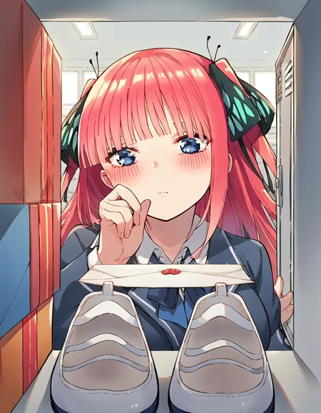 score_9, score_8_up, score_7_up, source_anime, <lora:nnakano-s2-ponyxl-lora-nochekaiser:1>, long hair, bangs, blue eyes, hair ornament, hair ribbon, pink hair, blunt bangs, two side up, butterfly hair ornament, large breasts,, <lora:shoe-locker-pov-ponyxl-lora-nochekaiser:1> shoe locker pov, locker, letter, school, gift box, unworn shoes, blush,, ,