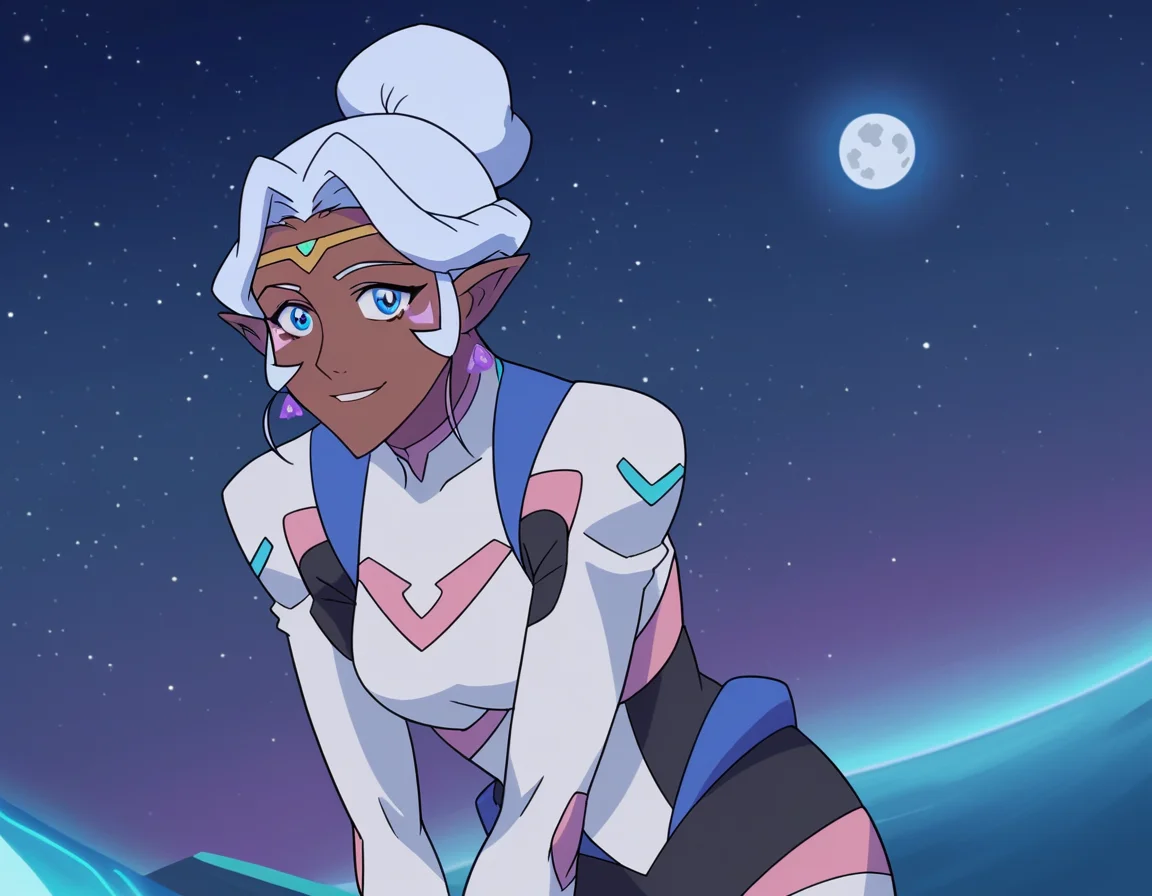 score_9, score_8_up, score_7_up, source_anime,
princessallura, <lora:princess-allura-anime-ponyxl-lora-nochekaiser:1>,
allura, blue eyes, white hair, pointy ears, dark skin, dark-skinned female, facial mark, elf, dark elf,
jewelry, earrings, hair bun, bodysuit,
outdoors, space, starry sky, moon, night, bent over, smile,
looking at viewer, cowboy shot, solo, dutch angle,