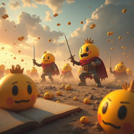 Create a picture of a rebellion led by grammar rules against emoji invaders on a battlefield of blank pages, photo realistic, 4k