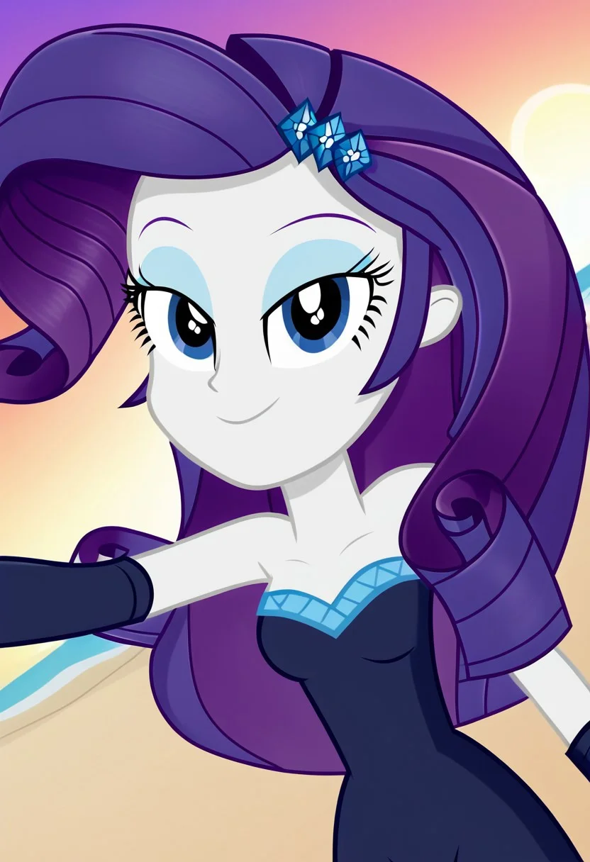 four fingers, detailed eyes, dutch angle, from above view, teeth, light-blush, naughty face, Rarity, looking at viewer, pov selfie, close-up, 1girl, solo, dusk, beach, sunset, breasts, petite body, seductive face, smiling, closed mouth, scattered diamonds in hair, sparkling hair, hair glitter speckles, strapless bodysuit, dark blue outfit, dark blue gloves, (flat shading, soft shading), ((equestria girls, show accurate:1.2))