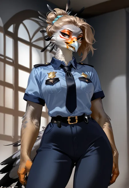 score_9, score_8_up, score_7_up, (by zummeng:1.5), (by jailbird:1.5), (by kittydee:1.5), masterpiece, best quality, (solo),
(Furry Art : Anthro: secretary bird:1.5), 1girl, expressive eyes, feminine eyes, perfect face, feminine face, (light brown hair:1.5), (updo hair:1.5), feminine body, medium breasts, bird of prey, orange face markings around eyes, multicolored body, white feathers, black feathers, grey feathers, black thigh feathers, long legs, long head feathers, (police uniform:1.5), (grey eyes),