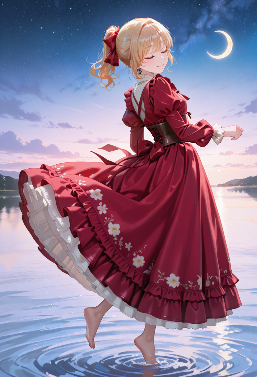 1girl, solo, lazypos, anime-style digital drawing,
soft pastel colors, detailed and delicate, whimsical and dreamy, soft shading, detailed textures,
gentle and innocent expression, intricate and ornate, elegant and charming,
anime girl, delicate and feminine, soft and gentle colors.
night, starry sky, crescent moon,,
lake,
standing, standing on water, standing on one leg, tiptoe, looking down, from side, dancing, 
<lora:kaelaIL:0.35> kaelaIL, blonde hair, ponytail, closed eyes, bare feet, smile,
<lora:TRT(Illust)0.1v:0.5>
<lora:PHM_style_IL_v3.3:0.5>
<lora:Victorian_Whim_Velvet_Dress:1> Victorian_Whim_Velvet_Dress, long dress, red dress, puffy long sleeves, juliet sleeves, frills, red bow, red ribbon, floral print, cross-laced clothes, corset
