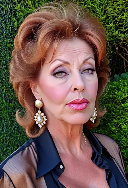 Attractive 60 year old woman, very naughty saucy look, slutty
big nose, big lips, pouting, mascara, big eye-lashes, wide auburn bouffant, earrings, double-chin, silk blouse, huge tits
Outside by hedge
<lora:Joyce_Spackman:0.85>