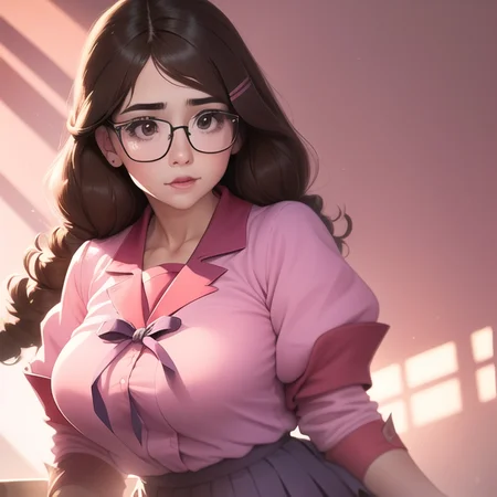 a woman,<lora:TsumasakyHanekawaTsubasa_v1:1>, closeup,
brown haired,ligtht pink school uniform,skirt,
glasses,
realistic, hyperrealistic,soft shadows,