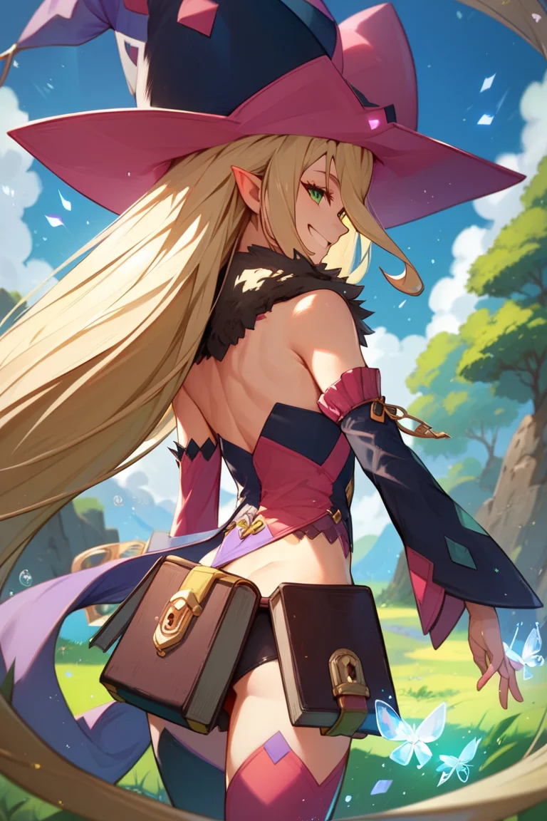 score_9, score_8_up, score_7_up, very aesthetic, source_anime, detailed, high quality, beautiful, masterpiece, detailed eyes,
<lora:lightXL:0.8>
forest, blurry background, magic effects,
<lora:action-sdxl-V0.5:1>zdyna_pose
dynamic angle,
grin, smile, dynamic pose, from behind, flat chest,
<lora:magilou_autismConfetti_v01:0.95>
magilou \(tales\), blonde hair, very long hair, green eyes, hair between eyes, pointy ears,
bare shoulders, hat, mismatched sleeves, asymmetrical sleeves, detached sleeves, fur collar, cap, fur-trimmed collar, mismatched legwear, asymmetrical footwear, mismatched footwear, strapless,, zPDXL