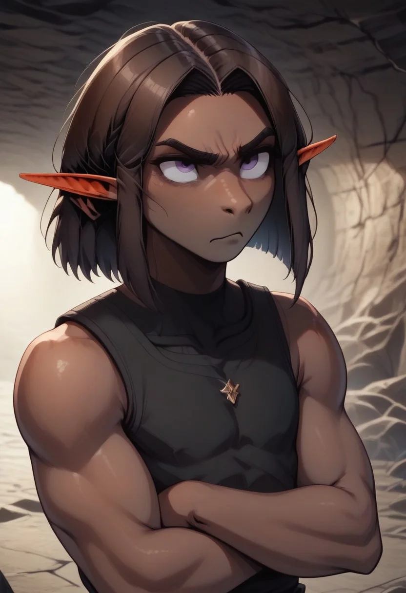 Repeta, 1 person, snout nose, solo, pointy ears, violet eyes, dark skin, dark brown hair, chin-length hair, parted hair, black sleeveless top, 3-fingers-1-thumb,
Crossed arms, rolling eyes, annoyed expression,
organic cavern background,
Medieval style,
Bordered by rock walls, front view,
Smooth colors, highly detailed face, clean lines, high quality, best quality, masterpiece, score: 9, score: 8 up, rating: safe, source: semi-realistic,