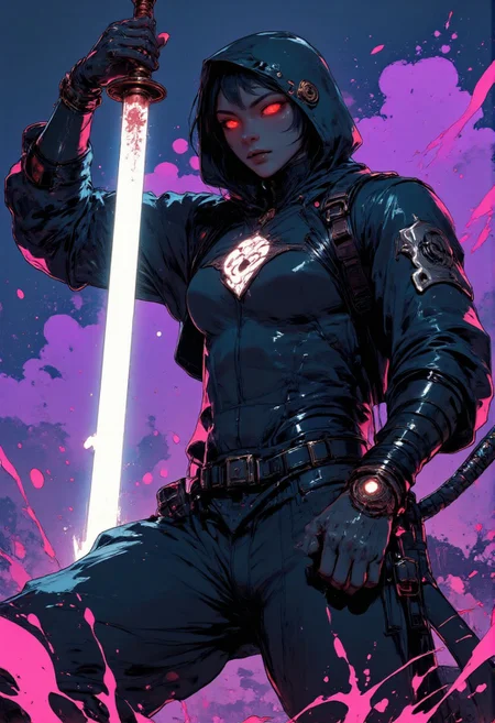 A dynamic and intense mangaka-style illustration featuring a dark-skinned majestic male Chirean sith, solo, Dutch angle, feet out of frame, deep depth of field, muscular, flawless anatomy, handsome, bat-like ears, yellow eyes, black sclera, squared jaw, flat nose, pale blue skin, dark blue hair, short hair, furred pelt, claws, manly, beard, pensive, standing. The character is elegant and imperious (looking down at viewer). He holds a glowing blue energy sword with both hands on the hilt. flowery meadow under a starry sky backdrop with splashes of purple and powder-blue energy swirling around. Best quality, amazing quality, best aesthetics, dark theme, low light, sith outfit. The diffused lighting softly illuminates every detail, HD, 8K quality, ultra-detailed, masterpiece artwor. The style is inspired by high-energy action scenes in manga, with an emphasis on minimalistic colors and a modern aesthetic, mangaka illustration style, G0thicL1nes