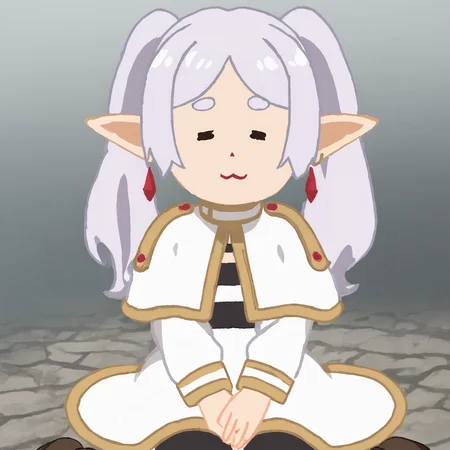 anime, cartoonized,2d illustration, simple, simple background, upper body,
1girl, solo, Medieval,ruins,forest, Sitting, (smile:0.6), (small breasts:1.2),
frieren,green eyes,dangle earrings,drop earrings,elf,grey hair,long hair,parted bangs,pointy ears,twintails,white hair,
black belt,(black pantyhose),white capelet,white dress,jewelry,long sleeves,red gemstone,white skirt,(striped shirt:1.1), boots, face closeup,
<lora:CH:1><lora:frieren_RXL_V1_1:1> <lora:ChamElfExpressionPonyXL:1> =w=, :3, = =, eyes closed