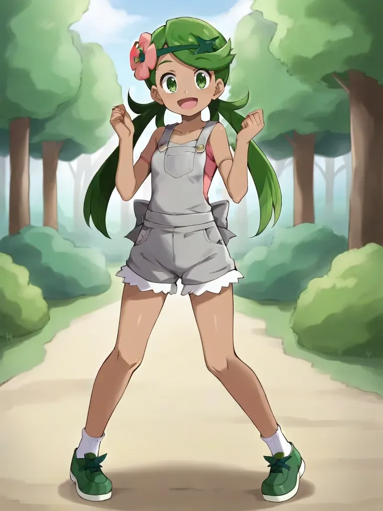 <lora:mallmaowtsukishiro:0.7>
1girl, solo, maollow, dark skin, green hair, low twintails, hair ornament, hair flower, green eyes, pink shirt, grey overalls, gray shorts, green shoes, standing, looking at viewer, outdoors, forest, open mouth, smile