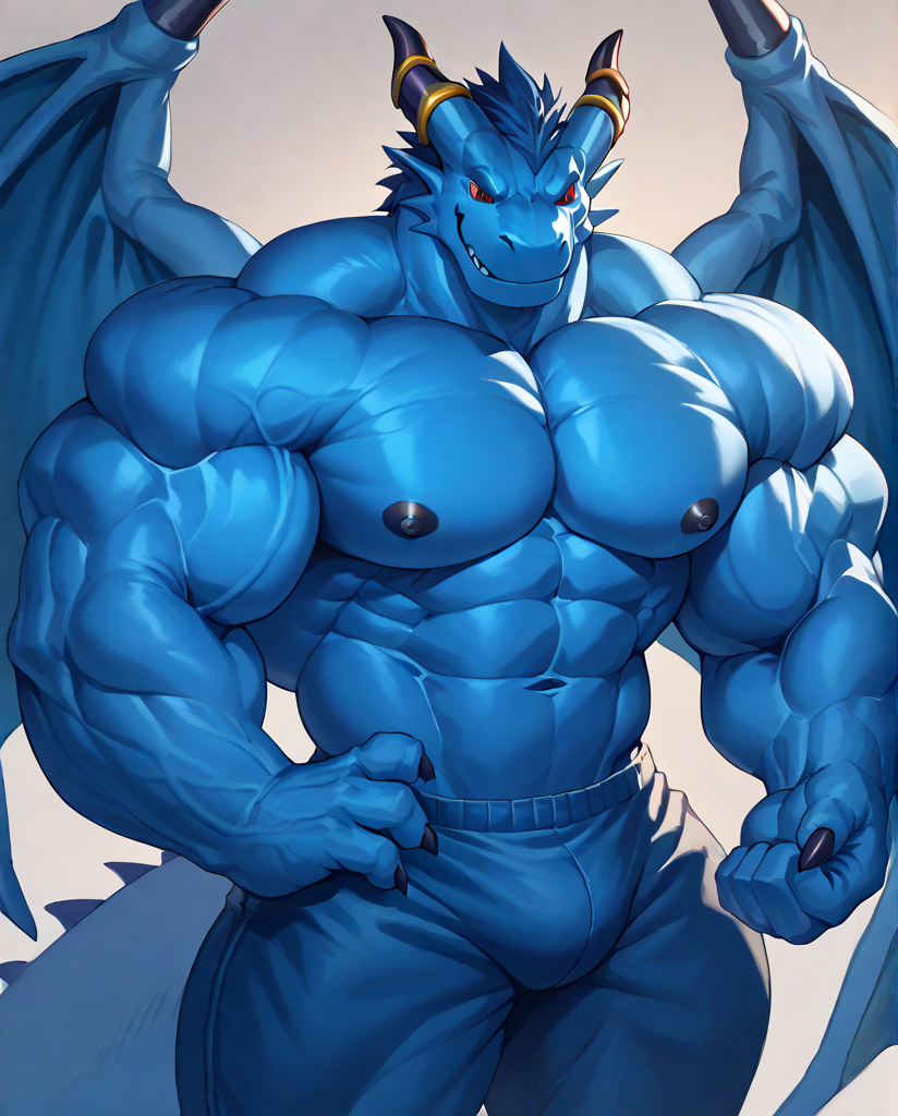 source_furry,score_9,score_8 up,score_7 up,score_6 up,male,anthro,furry,1boy,solo,blue_dragon,dragon,wings,horns,blue body,red eyes,muscles,muscular,bodybuilder,abs,pectorals,biceps,huge muscles,large muscles,hyper muscles,<lora:Blue_Dragon:0.9>,massive muscle,hyper muscular,<lora:Hyper_Mass:0.8>,