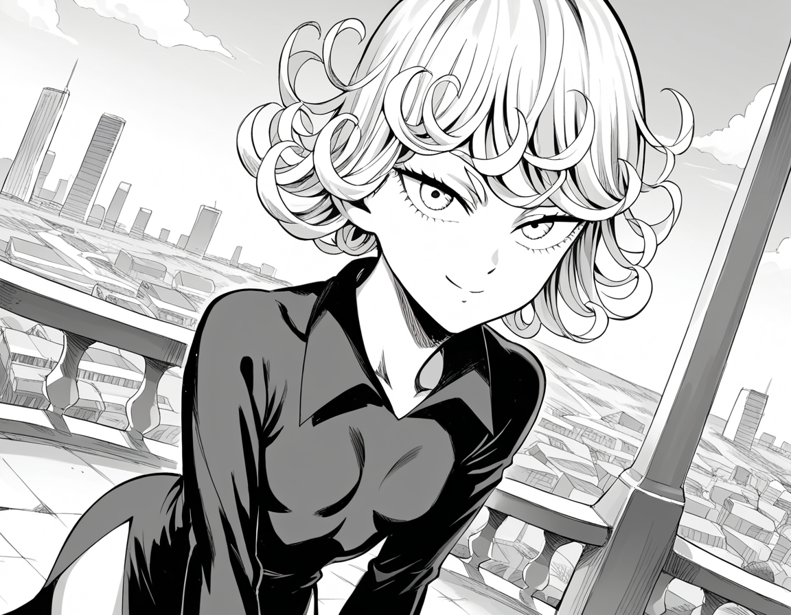 score_9, score_8_up, score_7_up, source_anime,
tatsumaki, <lora:opm-tatsumaki-manga-ponyxl-lora-nochekaiser:1>,
tatsumaki, short hair, curly hair, monochrome, greyscale,
long sleeves, dress,
outdoors, cityscape, bent over, smile,
looking at viewer, cowboy shot, solo, dutch angle,