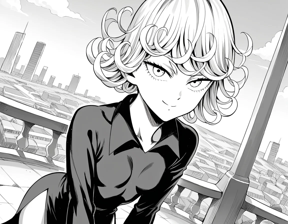 score_9, score_8_up, score_7_up, source_anime,
tatsumaki, <lora:opm-tatsumaki-manga-ponyxl-lora-nochekaiser:1>,
tatsumaki, short hair, curly hair, monochrome, greyscale,
long sleeves, dress,
outdoors, cityscape, bent over, smile,
looking at viewer, cowboy shot, solo, dutch angle,