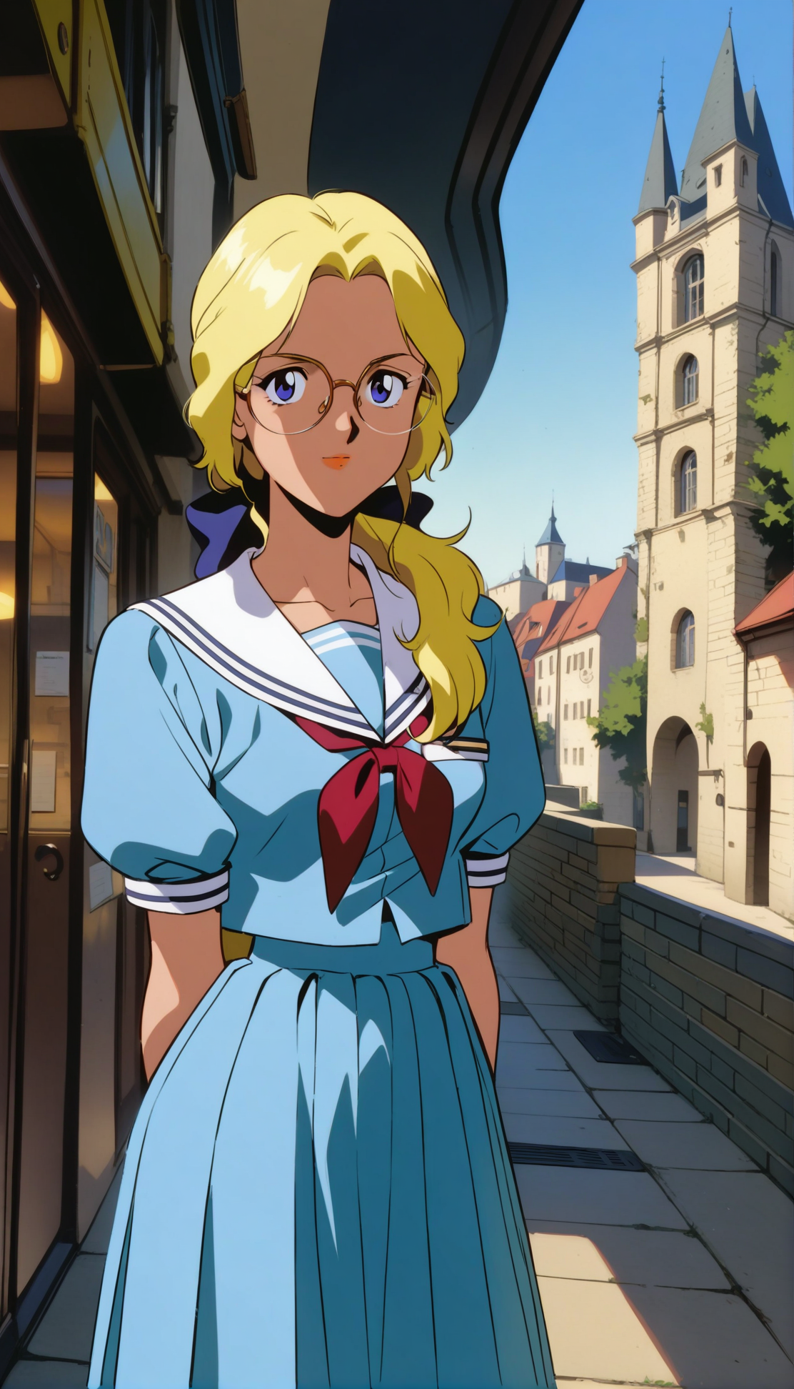 masterpiece,best quality,very aesthetic,absurdres,1990s \(style\),Electra XL,1girl,solo,serafuku,glasses,blonde hair,Yellow eyebrows,ponytail,long hair,blue eyes,hair bow,<lora:Electra XL:0.9>,cowboy shot,modern,Europe,