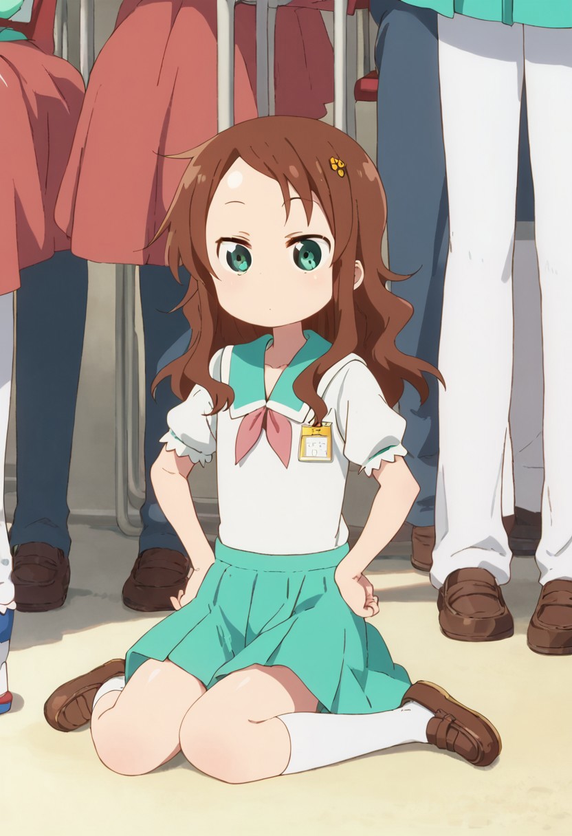 rikos, saisch, long hair, green skirt, brown hair, hair ornament, green eyes, flower, hair flower, school uniform, shoes, socks, uwabaki,  thighhighs,    sitting,   score_9, score_8_up, score_7_up, ,source_anime, best quality, masterpiece,   , full body view,  1girl , solo , girl focus , hands on hips,