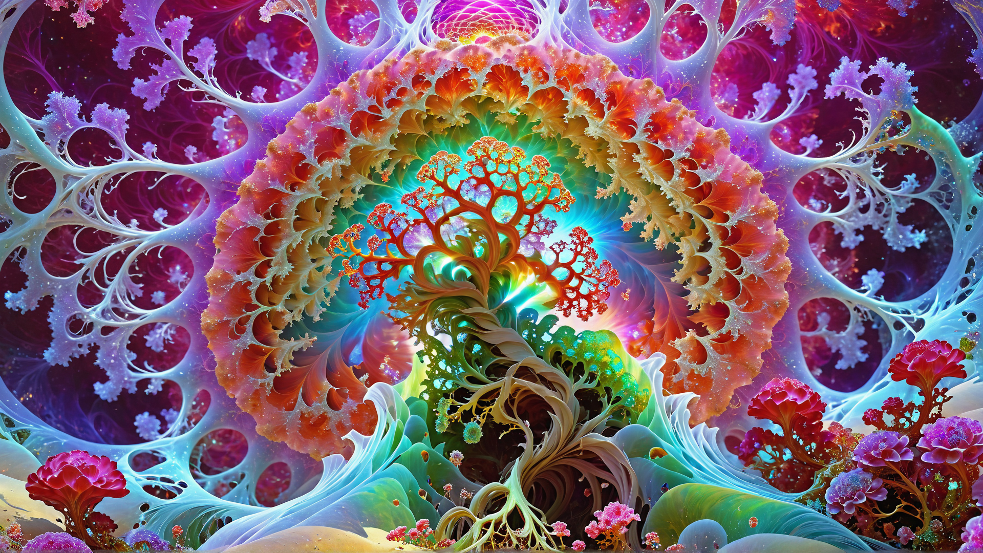 **The Infinite Bloom**  
A floral-like entity with a fractal core that constantly expands and contracts, giving the illusion of infinite petals made of light. Their body resembles a translucent glass stem covered in shimmering, branching filaments, each one radiating faint, rainbow-colored waves. The air around them vibrates faintly, producing a sound like an endless chime.
