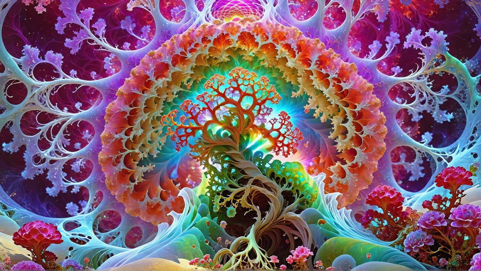 **The Infinite Bloom**
A floral-like entity with a fractal core that constantly expands and contracts, giving the illusion of infinite petals made of light. Their body resembles a translucent glass stem covered in shimmering, branching filaments, each one radiating faint, rainbow-colored waves. The air around them vibrates faintly, producing a sound like an endless chime.
