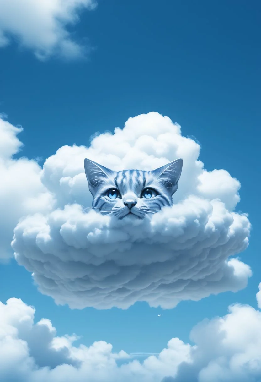 airelemental style, cloud, blue theme, sky, no humans, cloudy sky, monochrome, blue sky, day, outdoors, animal, animal focus, cat, air, vapor, clouds, ethereal, BREAK PonyXLV6_Scores