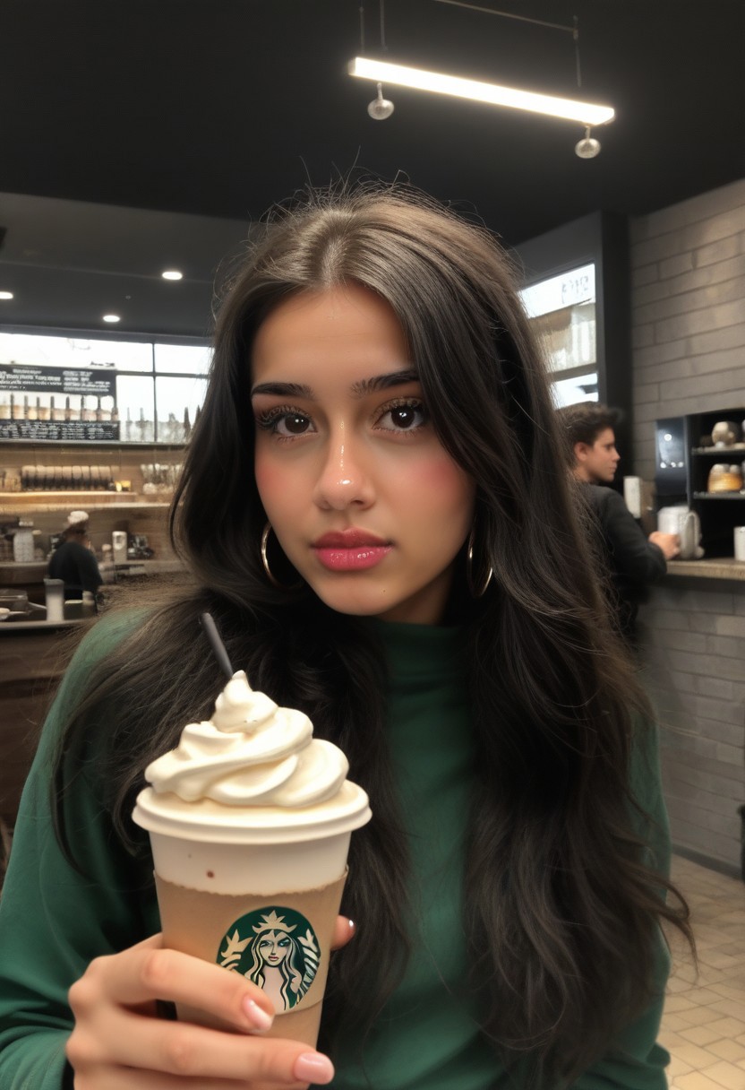 1girl.   Barista, famous coffee shop, green logo, licking whip cream on a latte, Expressiveh, Looking at viewer, side view, score_9,  exposed to all customers, score_8_up, score_7_up, long black hair, realistic, dark brown eyes, stretched open lips, mouth, lip gloss, moist, glistening lips, saliva hang, droplets and foam,  watery eyes, pinkish eyes, redness, blush, earrings, long hair, Breathtaking, ultra high resolution, (looking at viewer:2.4), extremely detailed, dynamic shot, artistic, hyperrealistic, dynamic lighting,((extremely detailed:2.4)) ,, close viewuneasy, eye contact  with bun hair,  cinematic, 35mm film, 35mm photography, film, photo realism, DSLR, 8k uhd, hdr, ultra-detailed, high quality, high contrast. Spilled, oops, surprise, messy, pants, selfie,