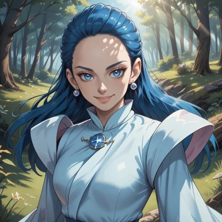 score_9, score_8, BREAK, solo, 1girl, solo, kiryuu kaoru, blue hair, long hair, forehead, blue eyes, eyelashes, blue earings, jewelry, light blue dress, long sleeves, juliet sleeves, brooch, blue belt, blue pantyhose, white boots, white footwear, sexy pose, self portrait, smile, outdoors, sunlight, shadows, evening lighting, natural lighting, forest, trees, grass, orange sky, sunset