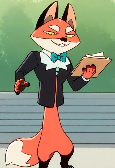solo, score_9, score_8_up, score_7_up, score_6_up, score_5_up, score_4_up, source_furry, hi res, Rufus, fox, yellow eyes, orange fur, fox tail, 2D, drawing, anthro, black tuxedo, confident smile, sfw, standing, on a park