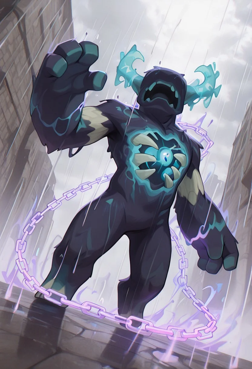 masterpiece, best quality, amazing quality, very aesthetic, absurdres, newest, detailed background, foreground blur, volumetric lighting, sharp, 4k, hd,
warden, glowing horns, standing, solo, monster, open mouth, creature, teeth, no eyes, pokemon (creature), ribs, colored skin, ((wide head, big head,)),, no teeth, no humans, big arms, no hands, no wrists, wide body, no teeth,
, dynamic angle, daytime, Hold_person, aura form body , square magic, chain, magic chain,, heavy rain, grey sky, chain weapon, chain whip,