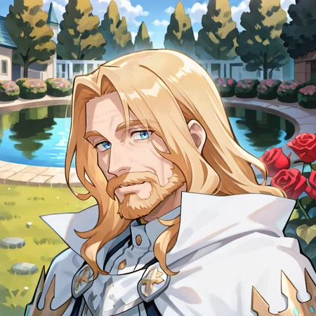 <lora:OrdeneIL:0.85> , ordedef, 1boy, blue eyes, blonde hair, long hair, facial hair, mustache, beard, white cape, collared cape, ((face, close-up)), smile, exterior, garden, pond, courtyard, roses, flowers , old man, wrinkles, looking at viewer, solo, masterpiece, very aesthetic, absurdres, best quality, amazing quality, high resolution, newest, very awa, <lora:illustrious_quality_modifiers_masterpieces_v1:0.8> , <lora:ChamIllustriousBackgroundEnhancer:0.5>,  ((solo)),