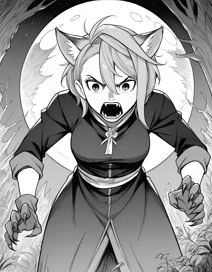 score_9, score_8_up, score_7_up, source_anime, <lora:aira-shiratori-manga-ponyxl-lora-nochekaiser:1>, aira shiratori, monochrome, greyscale, short hair, sidelocks, bangs, hair between eyes, medium breasts,, <lora:werewolf-ponyxl-lora-nochekaiser:1>, werewolf, furry, fangs, animal ears, gloves, angry, teeth, animal ear fluff,, forest, night, moon, open mouth, , dutch angle, cowboy shot
