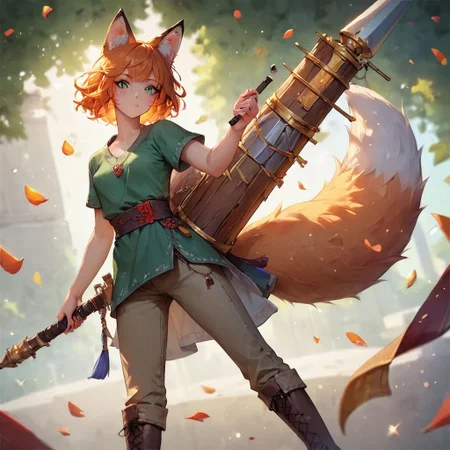 (score_9), (score_8_up), (score_7_up), (score_6_up), (score_5_up), (score_4_up), (masterpiece), best quality, detailed eyes, female, small breasts, petite, fox ears, fox tail, orange hair, green tunic, brown pants, brown boots, leather jerkin, holding a bow, quiver of arrows