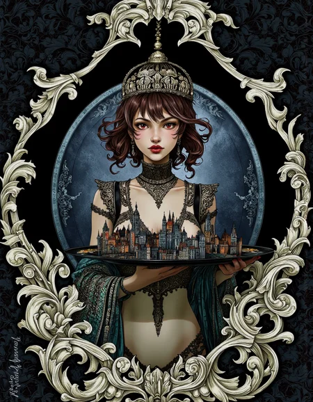 Art by Alessandro Barbucci. A digital illustration in a gothic style, featuring a portrait of a woman with a mysterious and fantastical appearance. the woman is positioned in the center of the image, holding a tray with a detailed cityscape on it. she has a slim body, pale skin, and red eyes that are looking directly at the viewer. her hair is styled in a way that accentuates her features, and she is wearing elaborate, ornate clothing with a crown and shell accents. the background is a dark, textured pattern that adds to the overall sense of mystery and intrigue. the art style is reminiscent of fantasy and otherworldly elements, with a focus on intricate details and vibrant colors that bring out the character's unique and captivating features. the artist's signature is in the bottom left corner, adding a touch of professionalism to the image.