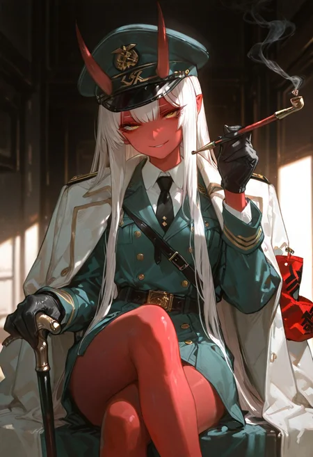 masterpiece, best quality, good quality, newest, highres, absurdres, volumetric lighting,gradient color,
BREAK
raytracing, volumetric lighting, ambient occlusion, girl,
BREAK
Aka-Oni, oni, colored skin, (red skin:1.3), straight horns, solo, long hair, model style,
evil eyes, evil, bullying, sinister,
BREAK
shirt, sidelocks, sitting,smoke, smoking, smoking pipe, solo, very long hair, crossed legs, coat, smoking gun, holding cane, cigarette, military jacket, capelet, uniform, coat on shoulders, jacket, long sleeves, belt, buttons, collared shirt, ,hat, holding, holding smoking pipe, long hair, looking at viewer, military hat, military uniform, gloves, armband, necktie, smile, eyelashes, peaked cap, cowboy shot