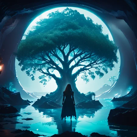 Score_9, score_8_up, score_7_up, score_6_up,BREAK <lora:2020s_Sci-Fi_MoviePony:1> ArsMovieStill, Movie still from a 2020s Sci-Fi movie, The image shows a woman standing in front of a large tree in a cave surrounded by rocks and illuminated by lights. The tree is a representation of the concept art of the movie , solo, tree, 1girl, scenery, standing, long hair, water, silhouette, from behind, reflection