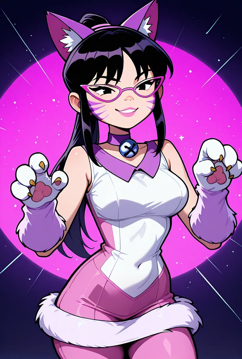 <lora:nyancychan-10:1> nyancychan, black hair, 1girl, long hair, cat ears, purple glasses,  claws, gloves, neck bell, purple choker, whisker markings, ponytail, pink pants, short dress, sleeveless, sharp canines, pink lipstick, expressive, facial expression, cat pose, rawr, paws, smile,, masterpiece, best quality, amazing quality, very aesthetic, absurdres, newest,