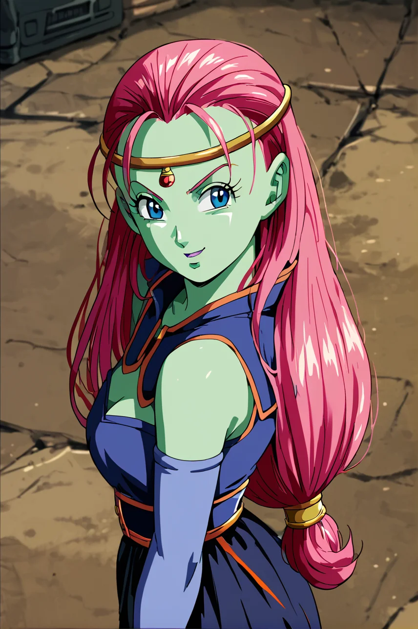 score_9_up, score_8_up, score_7_up, score_6_up, Dragon_ball_Style, <lora:Cawaydbs:0.9>, 1girl, solo, colored skin, blue eyes, low-tied long hair, long hair, pink hair, green skin, circlet, (Anime Style),(female-poses), (Cadet blue)(Ruched sweetheart neckline bustier with boning. :1.2), (Jade green)(Pencil skirt with a slit detail and a bold color.), (kitchen background:1.2), (looking to the side), (laughing), detailed background, 4k, masterpiece, best quality