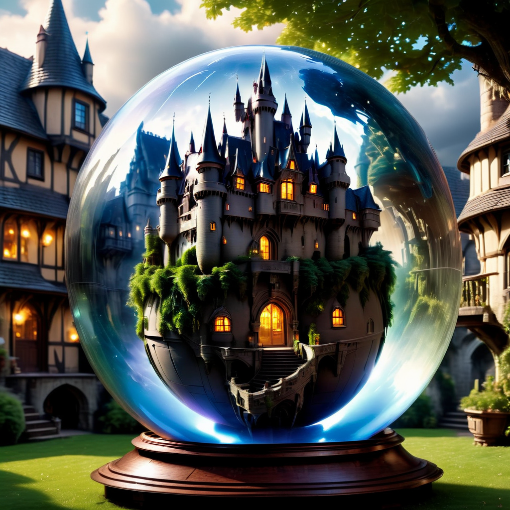 a castle in a huge Jed-Gball <lora:Jed-Glassball:1>, on a roof of a house