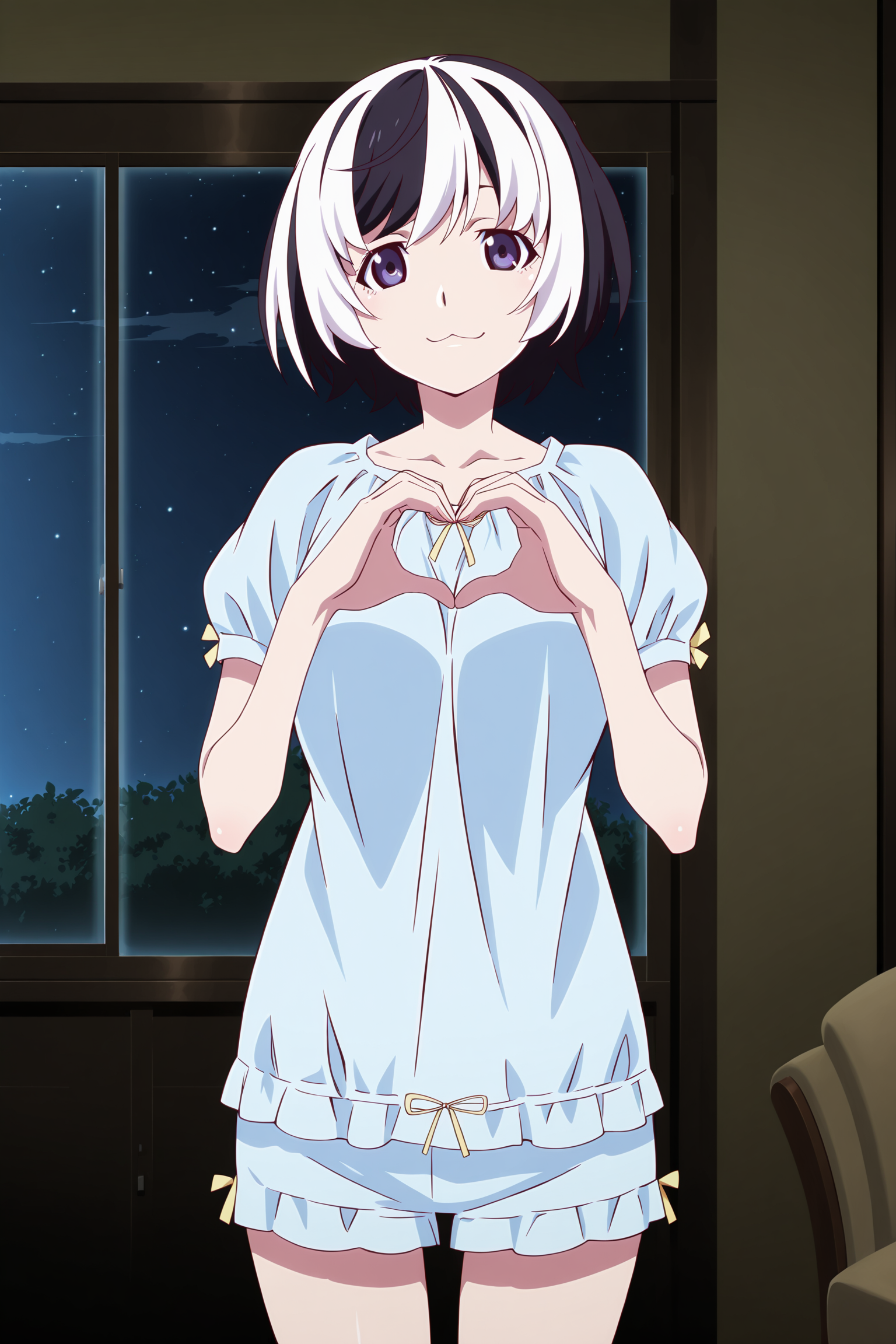 anime screencap, anime coloring, detailed face, masterpiece, best quality, very aesthetic, absurdres, volumetric lighting, official style, amazing quality, ultra detailed,  highres, amazing quality, scenery, beautiful detailed hair, beautiful detailed eyes,
<lora:StS-Illustrious-Detail-Slider-v1.0:4>
<lora:Tsubasa_Hanekawa_and_Black_Hanekawa_Monogatari_Series:.8>
indoors, in a living room,
1girl, solo hanekawa tsubasa, pajamas, (multicolored hair, two-tone hair, black hair, white hair:1.2), purple eyes, :3, short hair, heart hands, looking at viewer, cowboy shot, standing
