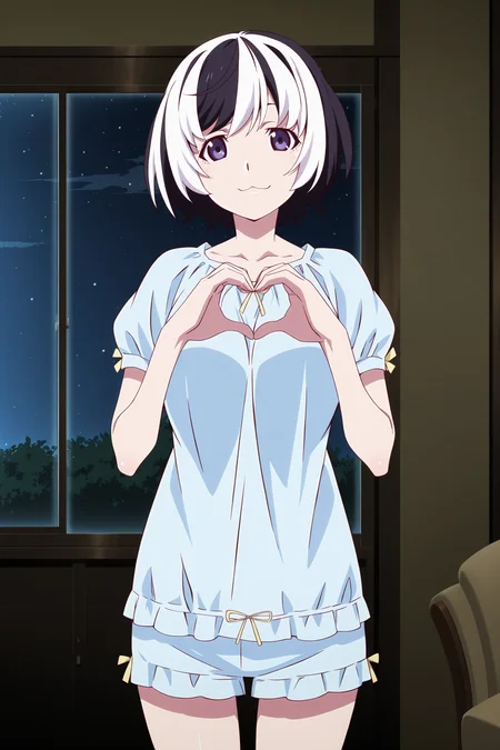 anime screencap, anime coloring, detailed face, masterpiece, best quality, very aesthetic, absurdres, volumetric lighting, official style, amazing quality, ultra detailed, highres, amazing quality, scenery, beautiful detailed hair, beautiful detailed eyes,
<lora:StS-Illustrious-Detail-Slider-v1.0:4>
<lora:Tsubasa_Hanekawa_and_Black_Hanekawa_Monogatari_Series:.8>
indoors, in a living room,
1girl, solo hanekawa tsubasa, pajamas, (multicolored hair, two-tone hair, black hair, white hair:1.2), purple eyes, :3, short hair, heart hands, looking at viewer, cowboy shot, standing