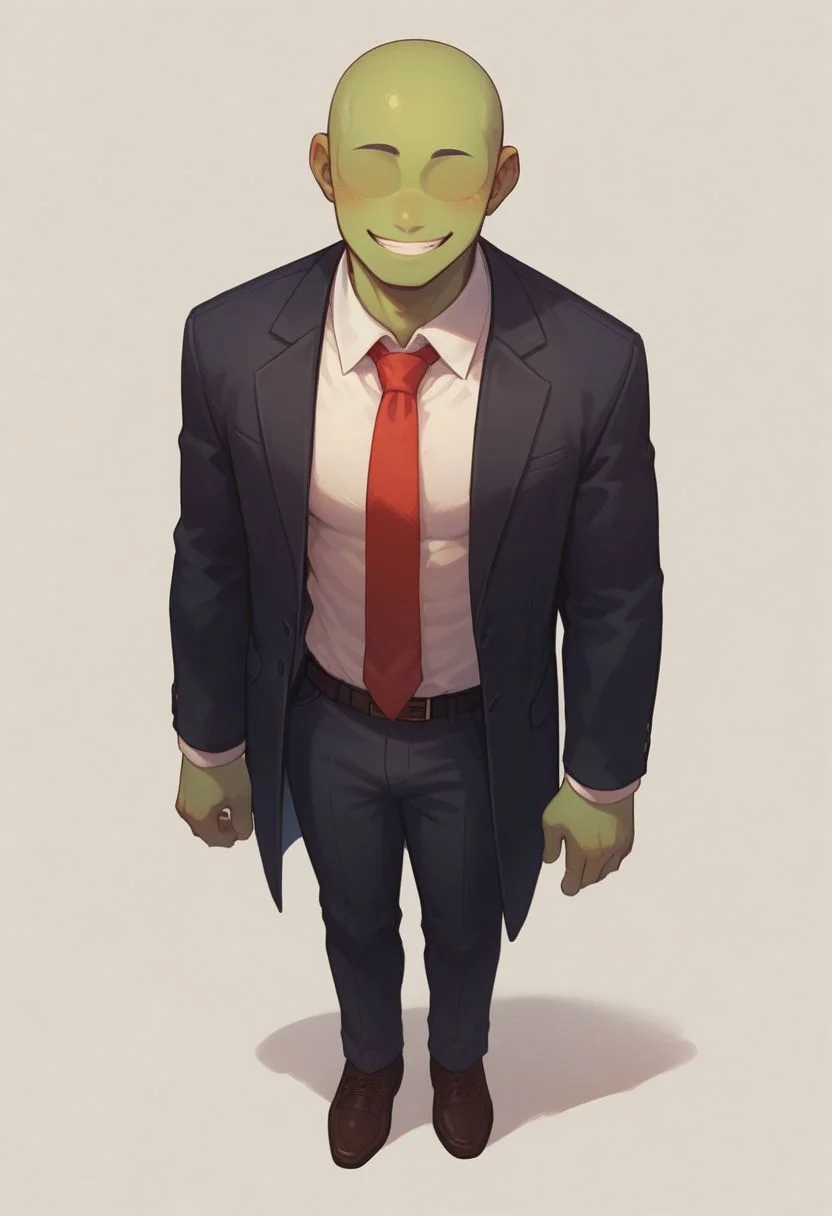 score_9, score_8_up, score_8,
1boy, solo, green skin, no eyes, no eyebrows, bald, black business suit, white under shirt, red tie, black suit pants, average body, full body, smiling, white background