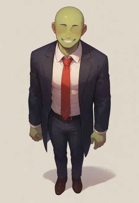 score_9, score_8_up, score_8,
1boy, solo, green skin, no eyes, no eyebrows, bald, black business suit, white under shirt, red tie, black suit pants, average body, full body, smiling, white background