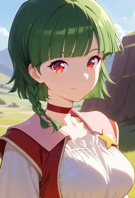 masterpiece, best quality, amazing quality, very aesthetic, absurdres, newest, illustration, perfect composition, intricate details, highres, uncensored, general, 1girl, solo, (portrait:1.2), atlee ariel, red eyes, green hair, short hair, blunt bangs, braid, twin braids, side braid, medium breasts, red choker, red vest, apron dress, three-quarter sleeves, puffy sleeves, jewelry, looking at viewer, smile, outdoors, shiny body, shiny skin, skindentation, clear skin, shiny hair, ultra detailed eyes, depth of field, sharp, intricate details, hyperdetailed, ultra-detailed, detailed clothing folds, high contrast, dynamic light <lora:Atlee_Ariel_Back_Arrow_ill:0.8>