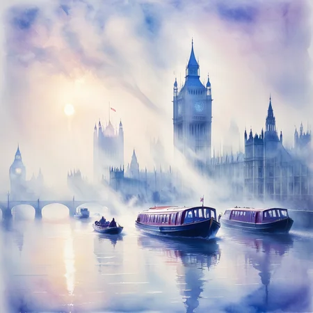 <lora:WatercolorSDXL2:1> ArsMJStyle, Watercolor, A misty morning on the Thames, with London shrouded in fog. The iconic silhouette of the Houses of Parliament looms in the background, while boats navigate the hazy waters. Streaks of early sunlight break through the mist, creating an ethereal, dreamlike atmosphere.