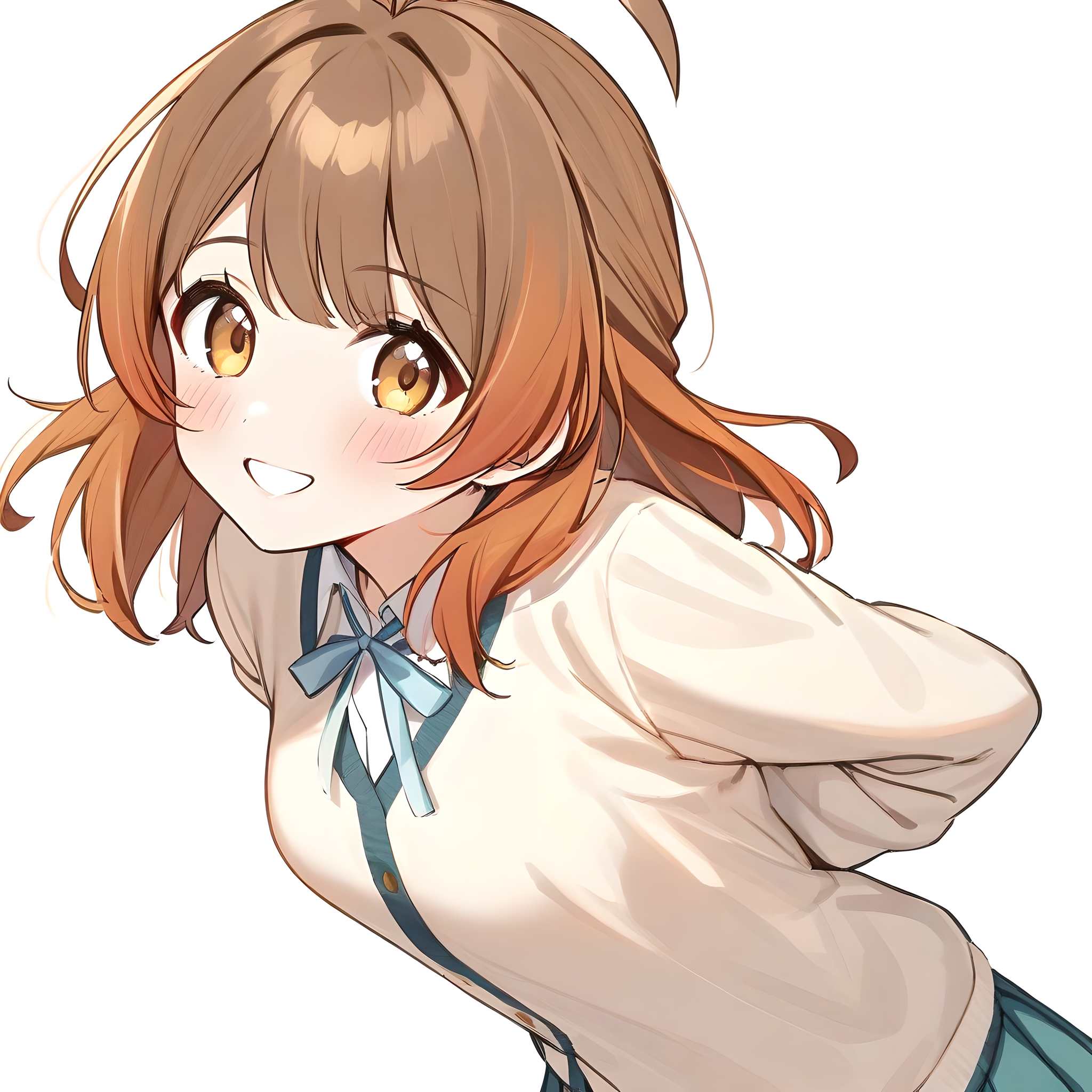 hanami_ume, 1girl, solo, skirt, brown hair, white background, simple background, ahoge, arms behind back, shirt, smile, looking at viewer, blush, pleated skirt, white shirt, brown eyes <lora:XL-HanamiUme:1>