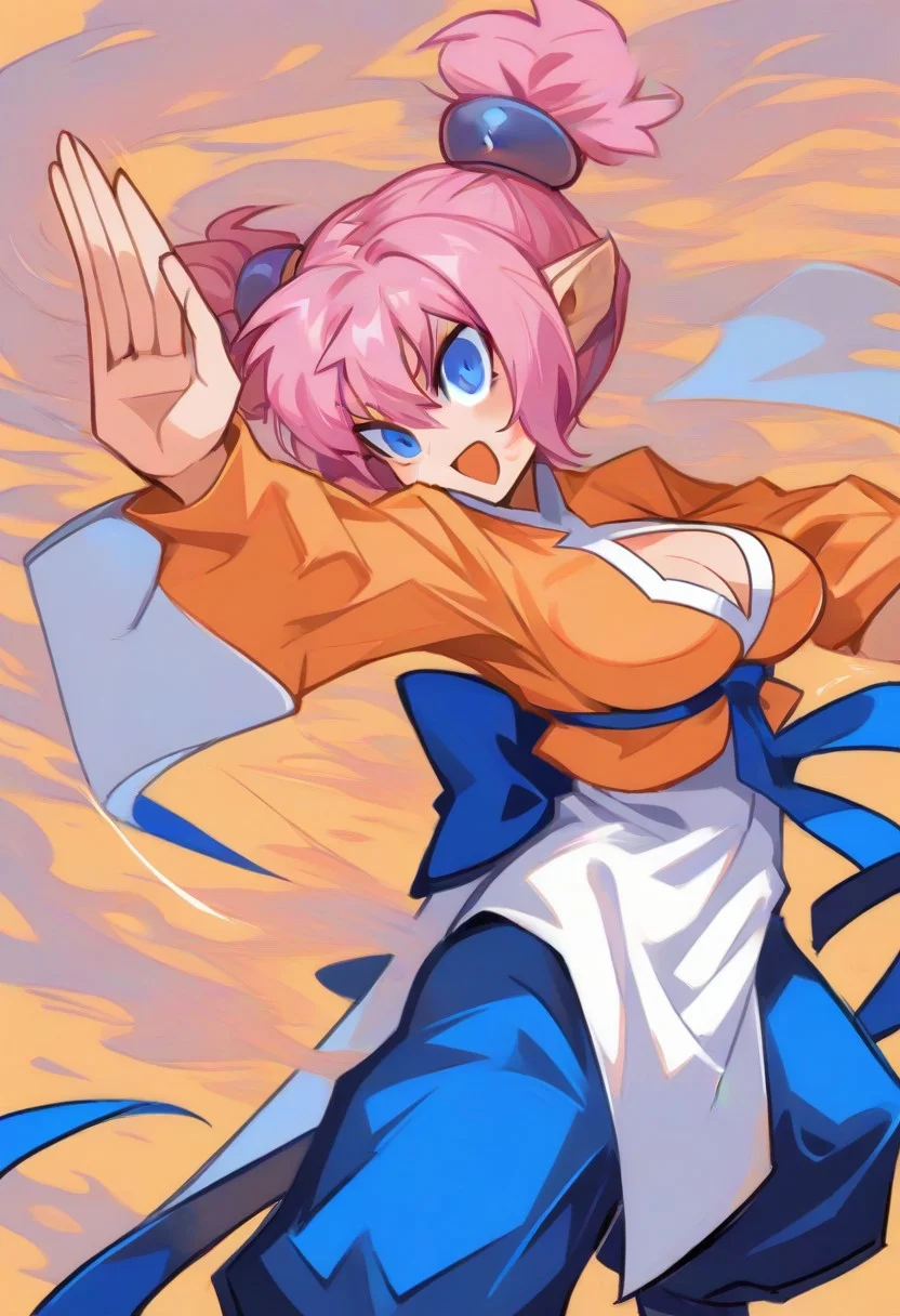 , fghtmstrssxl,twintails,blue eyes,pink hair,short hair,pointy ears,, cleavage cutout,orange shirt with long sleeves,blue pants,long white shirt,blue ribbon,long white pelvic curtain, ,bow,,<lora:FightMistressXL:0.9>,