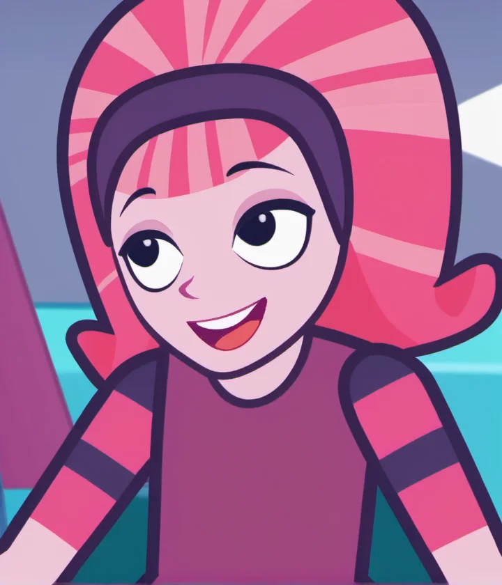 1girl, solo, dbdd1, smile, dress, pink hair, pink skin, black eyes, upper body, half closed eyes, open mouth, hairband, official style, amusement park, <lora:dbdd1:1>,