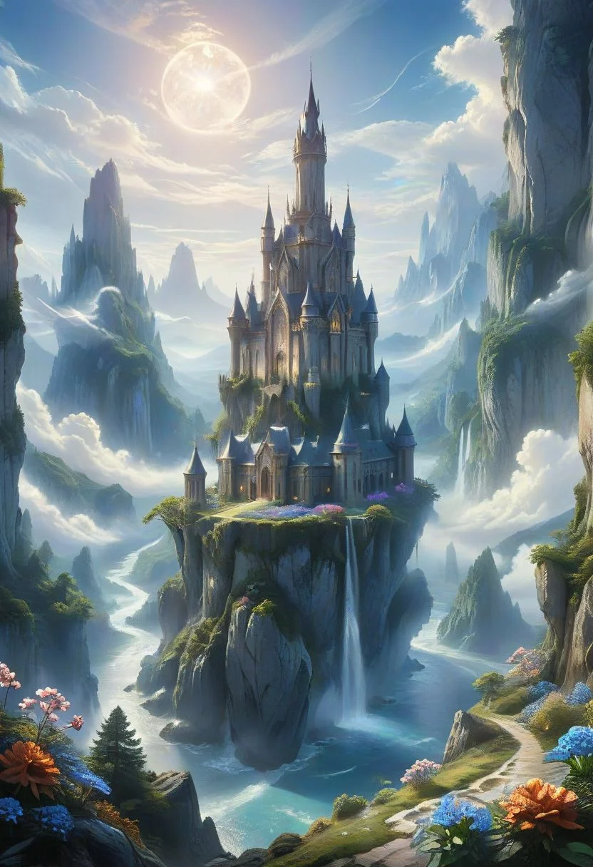ethereal fantasy concept art of illustration of  a grand castle suspended in the sky, detailed fantasy art, refined design, majestic spires reaching up towards the infinite expanse above, the castle is floating on a huge rock formation, shimmering white stone, wind elemental, hovering above the ground, elemental tendrils, ornate, swirling air, ethereal light, floating amidst billowing clouds, gardens bloom with flowers of every hue, waterfalls cascade down from hidden springs, dreamy, balanced composition, fractal art, vibrant, vivid colors, magnificent, celestial, ethereal, painterly, epic, majestic, magical, fantasy art, cover art, dreamy
<lora:ral-fntsyrlms-sdxl:0.7> ral-fntsyrlms,
<lora:add-detail-xl:1.0>,
<lora:quality1:1.0>,
<lora:extremely_detailed:1.0>, extremely detailed,
<lora:EldritchMixIllustration_1.1:0.35>,
<lora:zavy-cntrst-sdxl:0.75> dark, chiaroscuro, low-key,
<lora:xl_floating:0.85> floating island, surreal,