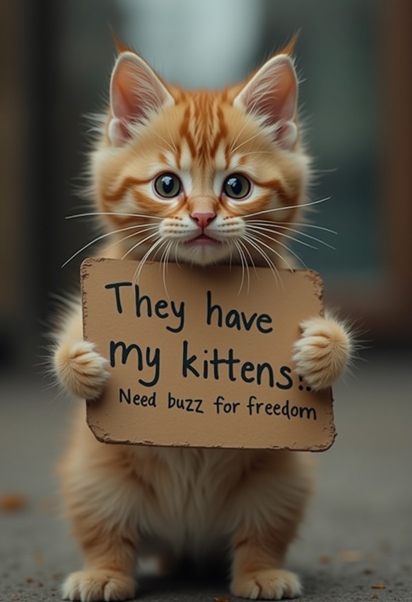 A cute cat, with a scared expression, holding a sign  it says "They have my kittens! Need buzz for freedom.", realistic, cinematic shot,