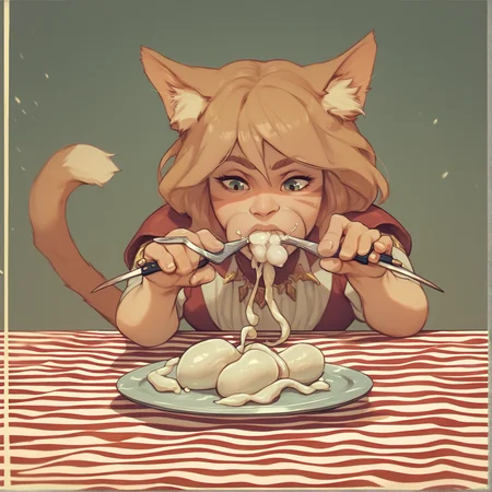 <lora:Hyper_Sperm-000010:1> 1girl, catgirl, solo, hysper, hysper in mouth, sitting at a picnic table, hysper on plate, wielding fork, eating hysper,, detailed, masterpiece,score_9, score_8_up, score_7_up, score_6_up, best quality